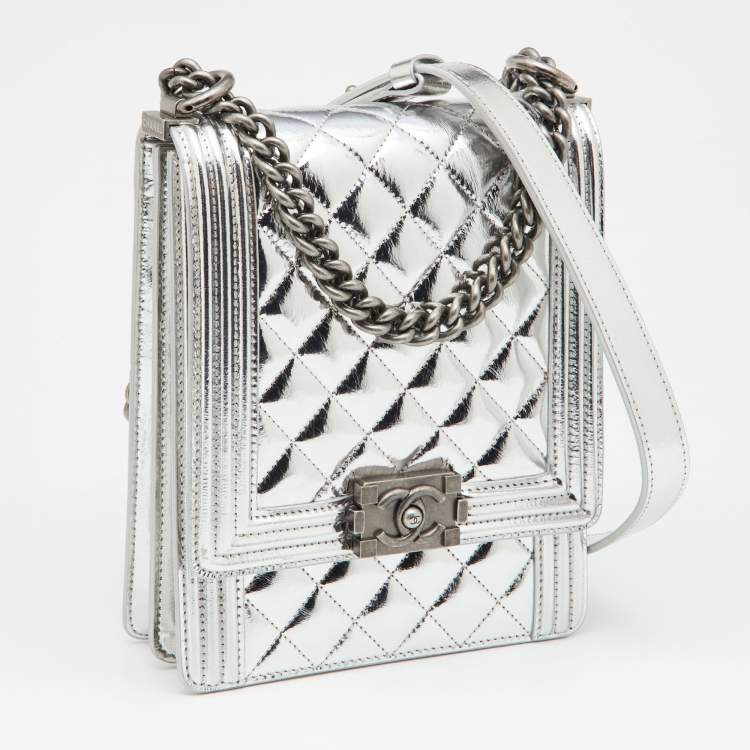 Pre Owned Chanel Silver Quilted Leather North South Boy Flap Bag