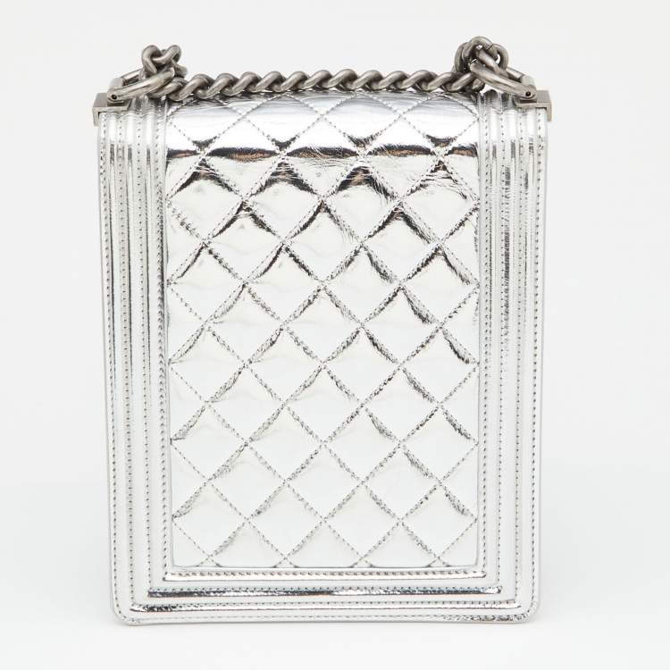 Pre Owned Chanel Silver Quilted Leather North South Boy Flap Bag