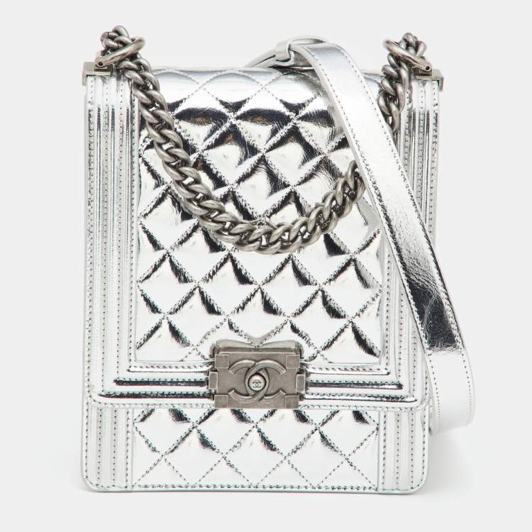 Chanel Medium Metallic Quilted Boy Leather White, Shoulder Strap Bag Box &  Card