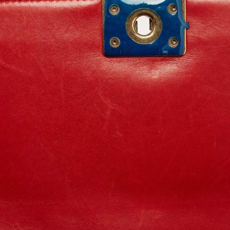 Pre Owned Chanel Red/Green Quilted Tweed and Velvet Medium Boy Flap Bag