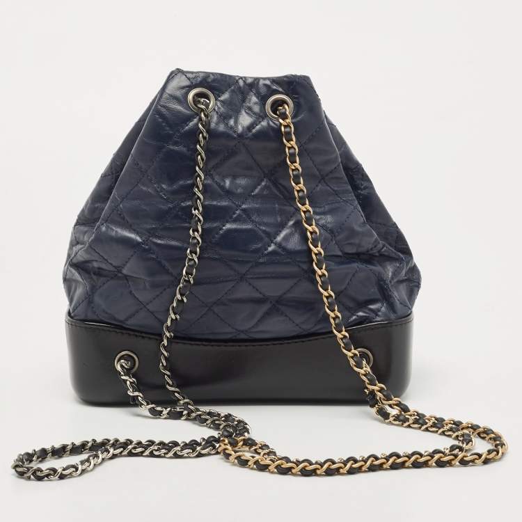 Pre Owned Chanel Black/Dark Blue Quilted Calf Aged Leather Small Gabrielle Backpack