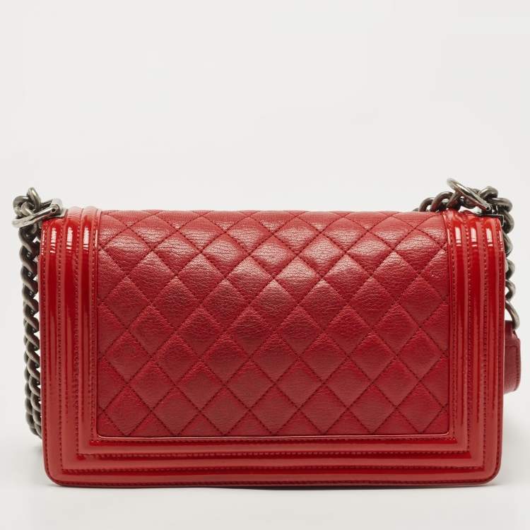 Pre Owned Chanel Red Quilted Leather and Patent Medium Boy Flap Bag