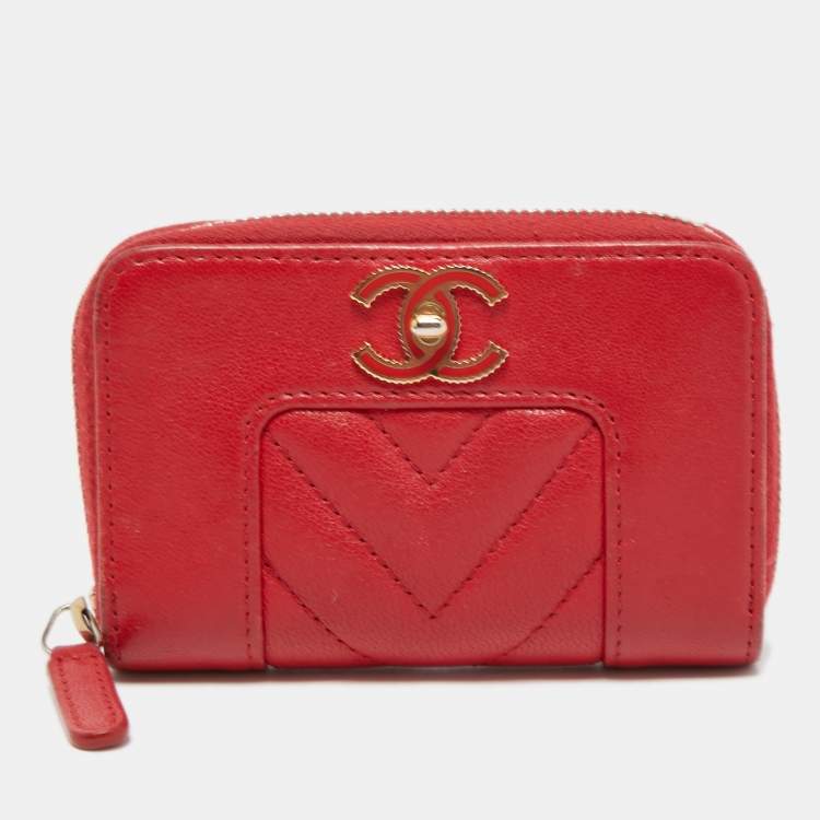 Chanel Red Chevron Leather Mademoiselle Compact Wallet Chanel