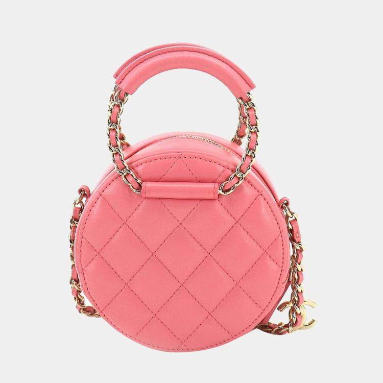 Pre Owned Chanel Pink Leather Round CC Top Handle Bag 