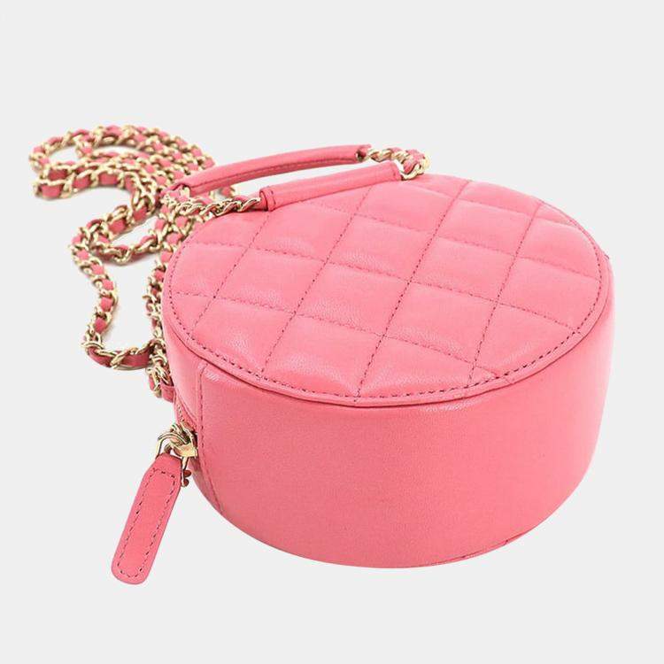 Pre Owned Chanel Pink Leather Round CC Top Handle Bag 