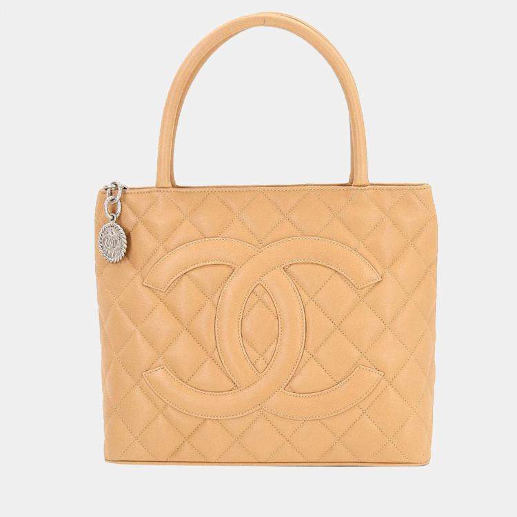 Authentic Chanel Medallion Tote Bag -Dark beige caviar leather