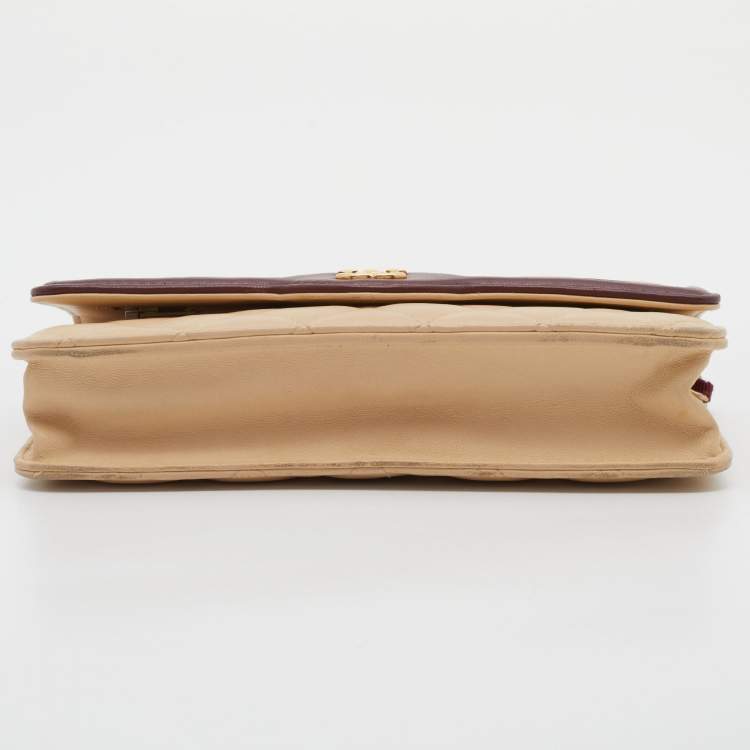 Pre Owned Chanel Beige/Burgundy Quilted Leather Classic Wallet on Chain