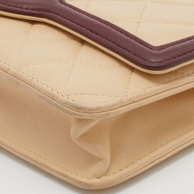 Pre Owned Chanel Beige/Burgundy Quilted Leather Classic Wallet on Chain