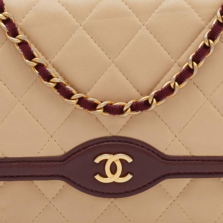 Pre Owned Chanel Beige/Burgundy Quilted Leather Classic Wallet on Chain