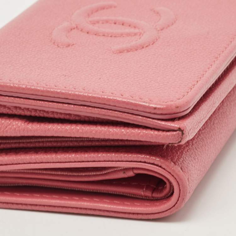 Pre Owned Chanel Pink Caviar Leather CC Flap Trifold Compact Wallet