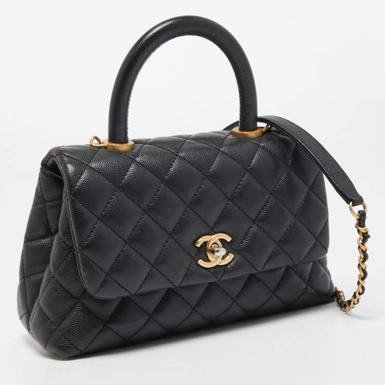 Pre Owned Chanel Black Quilted Caviar Leather Mini Coco Top Handle Bag