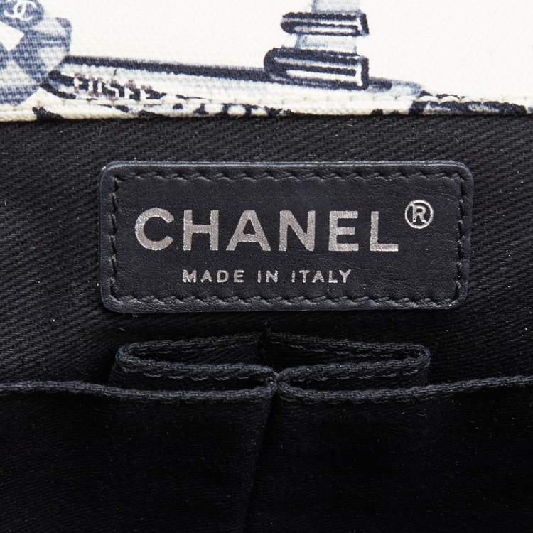 Pre Owned Chanel White/Navy Blue Quilted Airplane Print Canvas Medium Classic Single Flap Bag