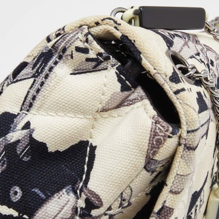 Pre Owned Chanel White/Navy Blue Quilted Airplane Print Canvas Medium Classic Single Flap Bag