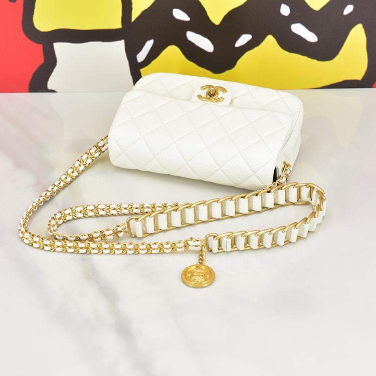 Pre Owned Chanel White Mini Quilted Caviar Single Flap Bag Shoulder Bag