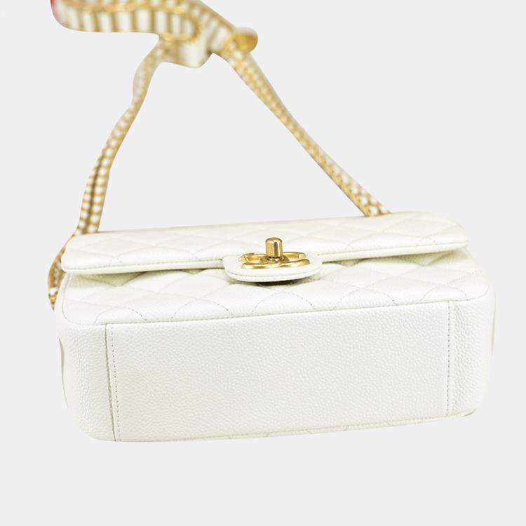 Pre Owned Chanel White Mini Quilted Caviar Single Flap Bag Shoulder Bag