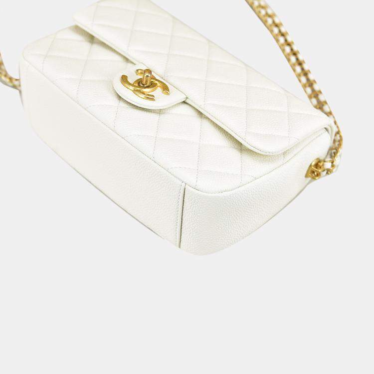 Pre Owned Chanel White Mini Quilted Caviar Single Flap Bag Shoulder Bag
