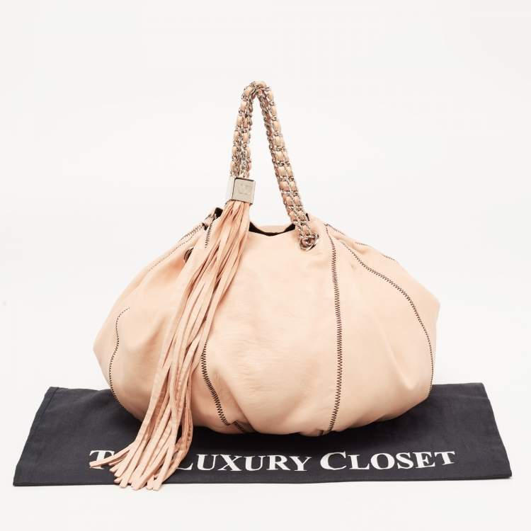 Pre Owned Chanel Peach/Black Leather Reversible Drawstring Tassel Bag