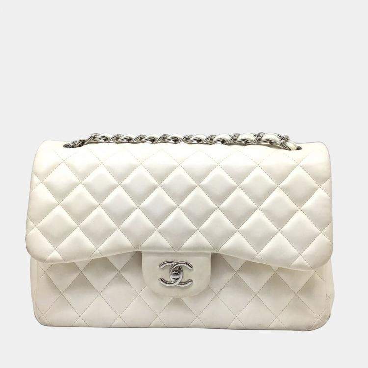 Chanel White Leather Medium Classic Double Flap Shoulder Bag Chanel