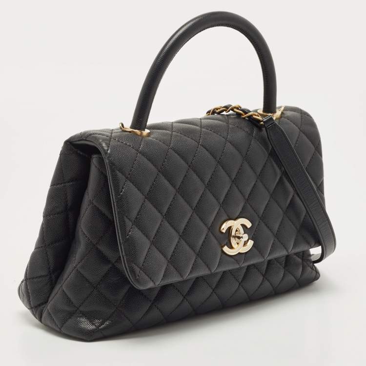 Pre Owned Chanel Black Quilted Caviar Leather Small Coco Top Handle Bag
