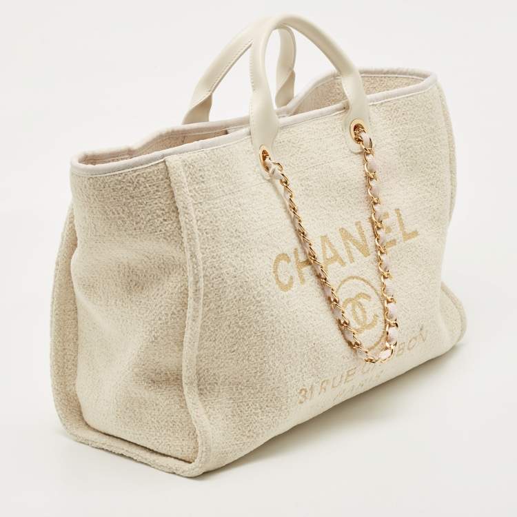 Pre Owned Chanel Cream Tweed and Leather Large Deauville Bag
