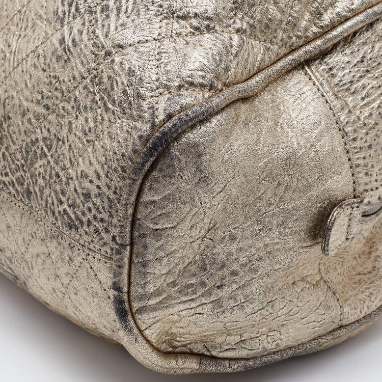 Pre Owned Chanel Gold Textured Leather Wild Stich Weekender Bag