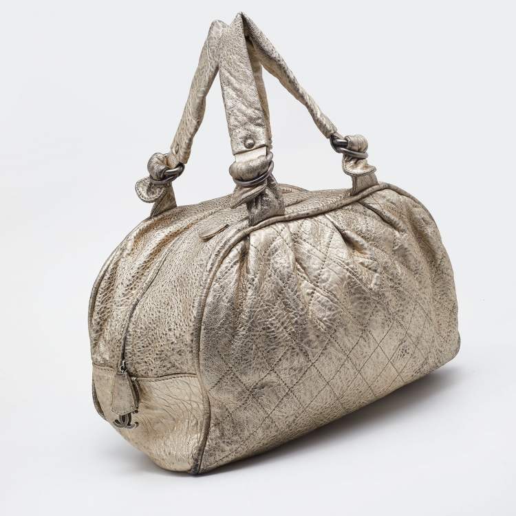 Pre Owned Chanel Gold Textured Leather Wild Stich Weekender Bag