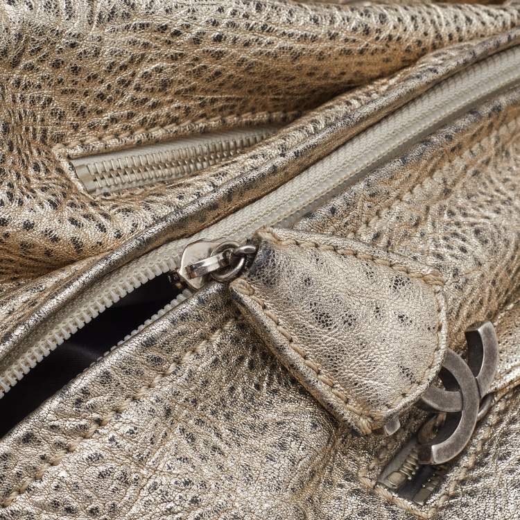 Pre Owned Chanel Gold Textured Leather Wild Stich Weekender Bag