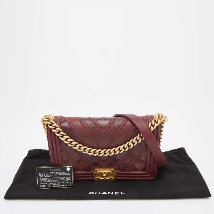 Pre Owned Chanel Burgundy Chevron Caviar and Leather Medium Boy Flap Bag