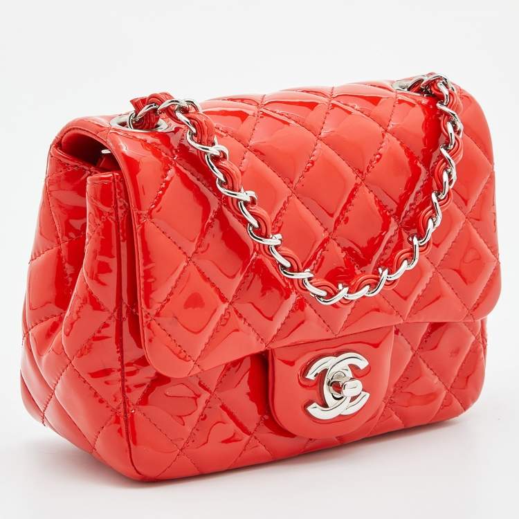 Pre Owned Chanel Orange Quilted Patent Leather Mini Square Classic Flap Bag