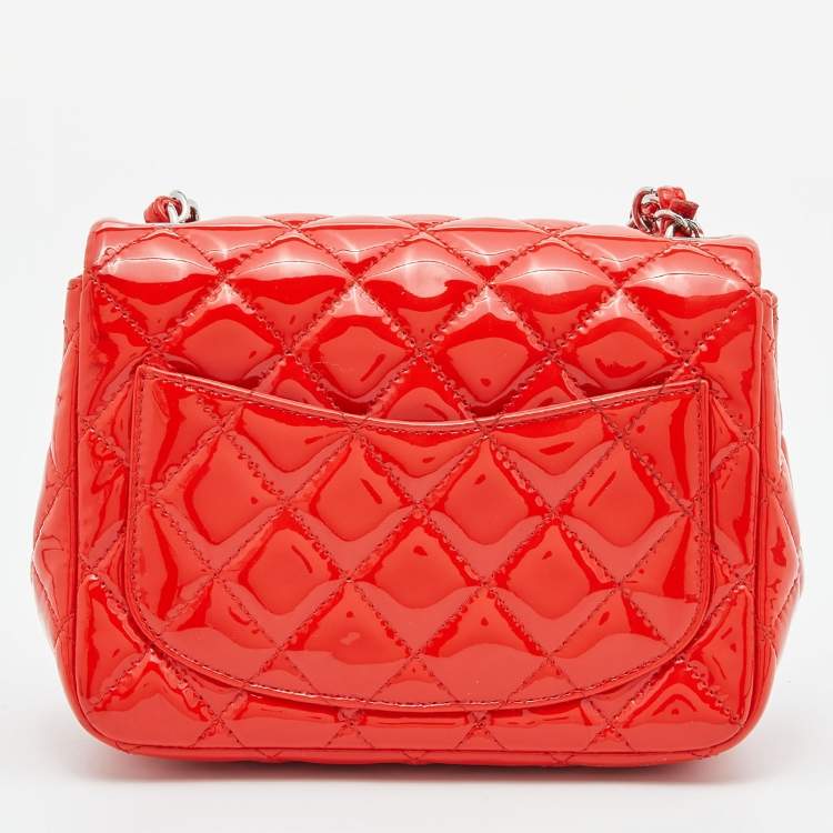 Pre Owned Chanel Orange Quilted Patent Leather Mini Square Classic Flap Bag