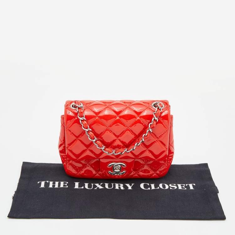 Pre Owned Chanel Orange Quilted Patent Leather Mini Square Classic Flap Bag