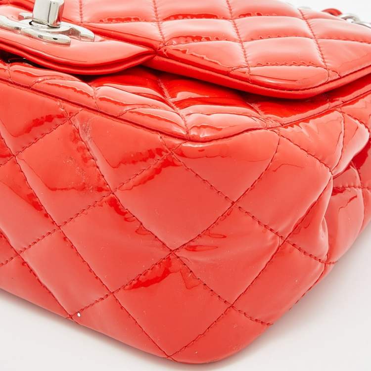 Pre Owned Chanel Orange Quilted Patent Leather Mini Square Classic Flap Bag