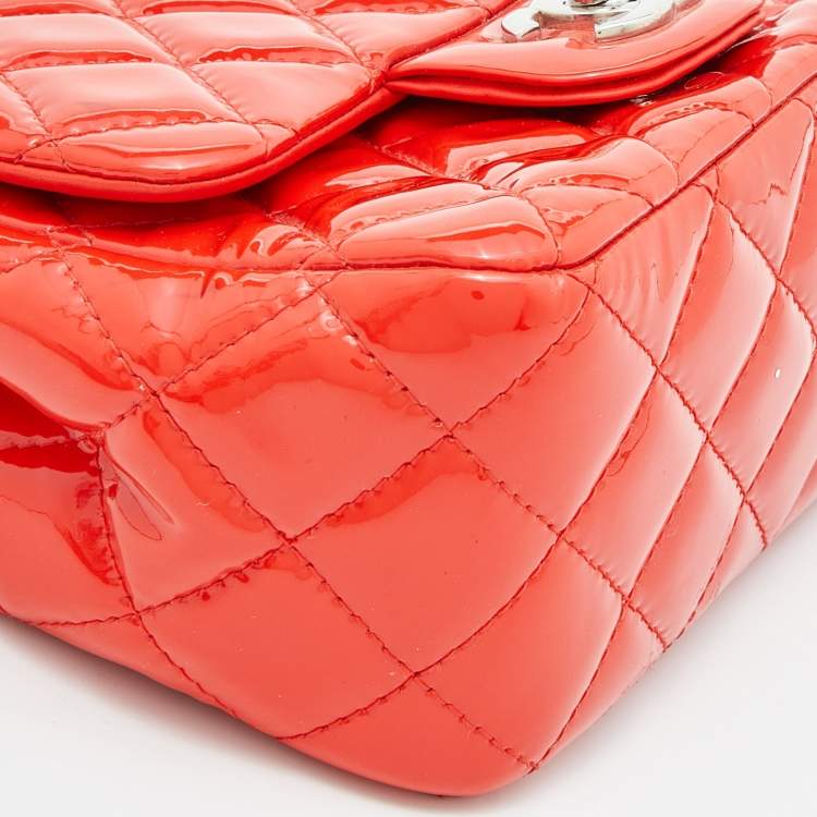 Pre Owned Chanel Orange Quilted Patent Leather Mini Square Classic Flap Bag