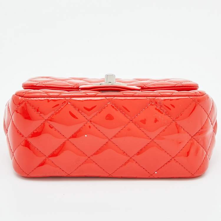 Pre Owned Chanel Orange Quilted Patent Leather Mini Square Classic Flap Bag