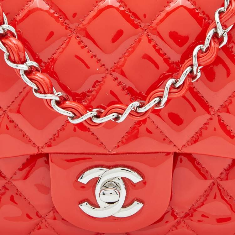 Pre Owned Chanel Orange Quilted Patent Leather Mini Square Classic Flap Bag