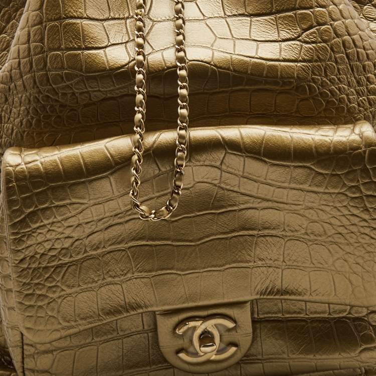 Pre Owned Chanel Gold Croc Embossed Leather Drawstring Backpack