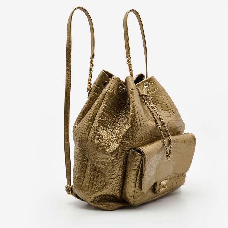 Pre Owned Chanel Gold Croc Embossed Leather Drawstring Backpack