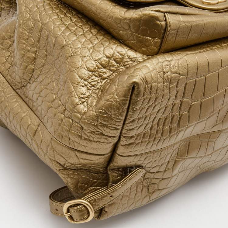 Pre Owned Chanel Gold Croc Embossed Leather Drawstring Backpack