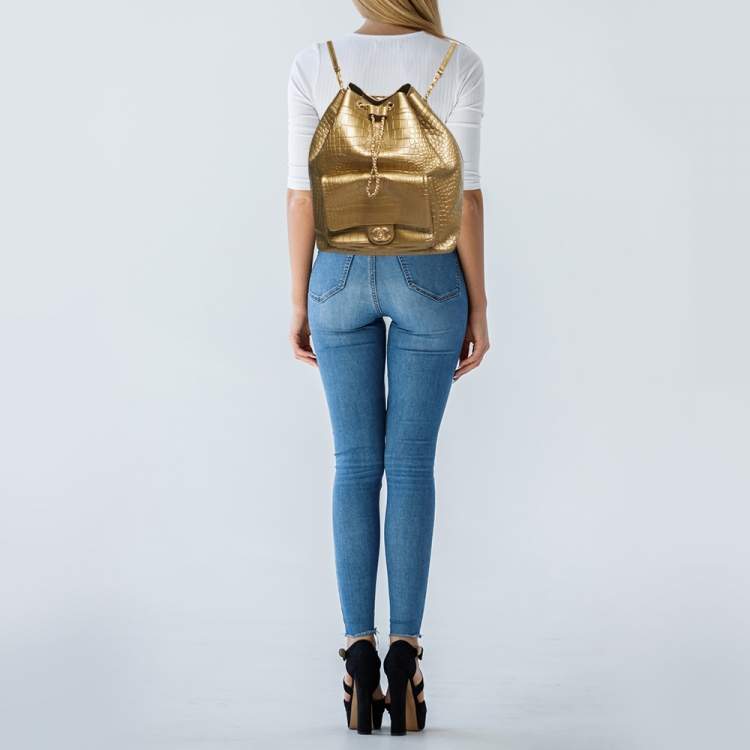 Pre Owned Chanel Gold Croc Embossed Leather Drawstring Backpack