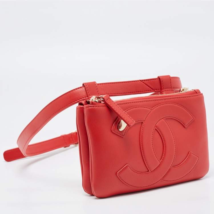 Pre Owned Chanel Red Leather CC Mania Double Zip Waist Belt Bag