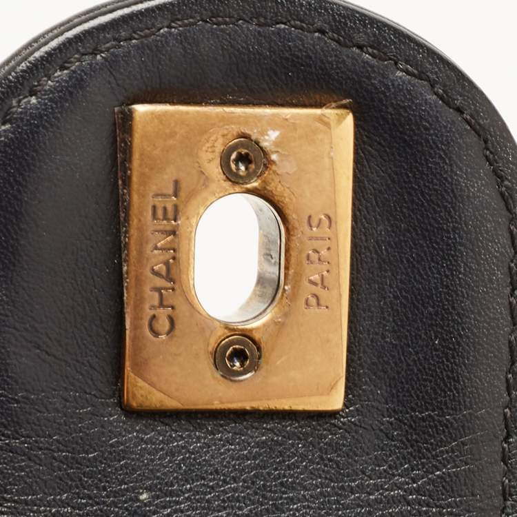 Pre Owned Chanel Black Quilted Leather Gold Bar Top Handle Bag