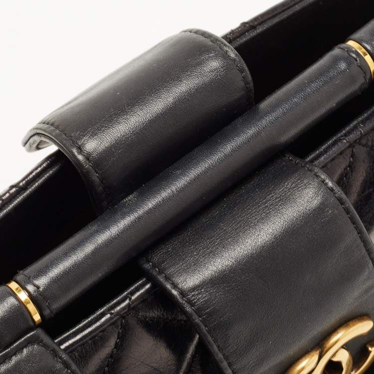 Pre Owned Chanel Black Quilted Leather Gold Bar Top Handle Bag