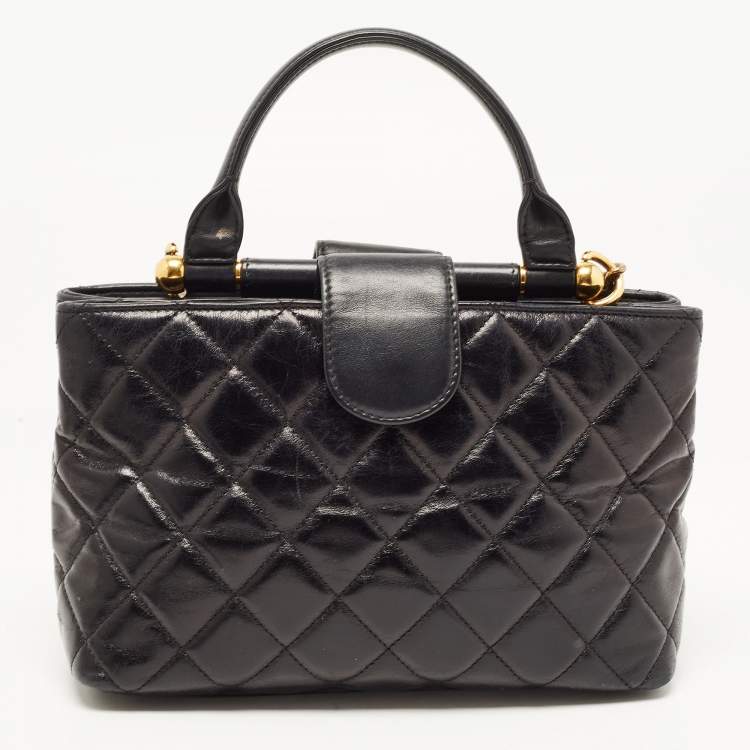 Pre Owned Chanel Black Quilted Leather Gold Bar Top Handle Bag