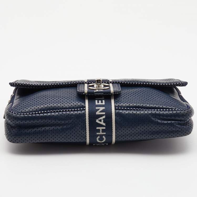 Pre Owned Chanel Navy Blue Perforated Leather Sport Ligne Classic Flap Bag