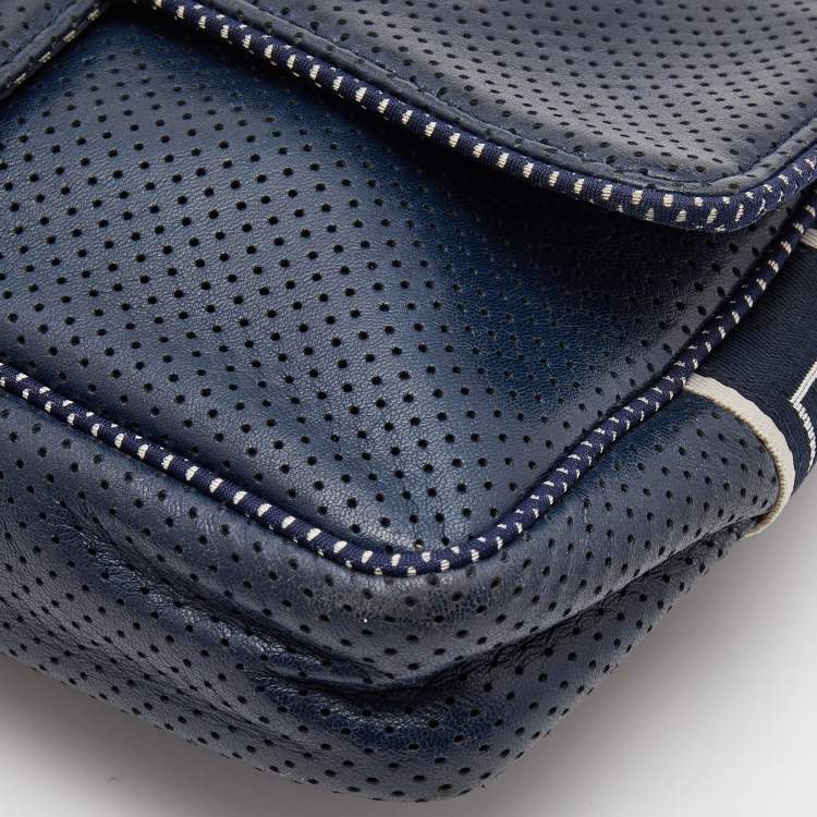 Pre Owned Chanel Navy Blue Perforated Leather Sport Ligne Classic Flap Bag