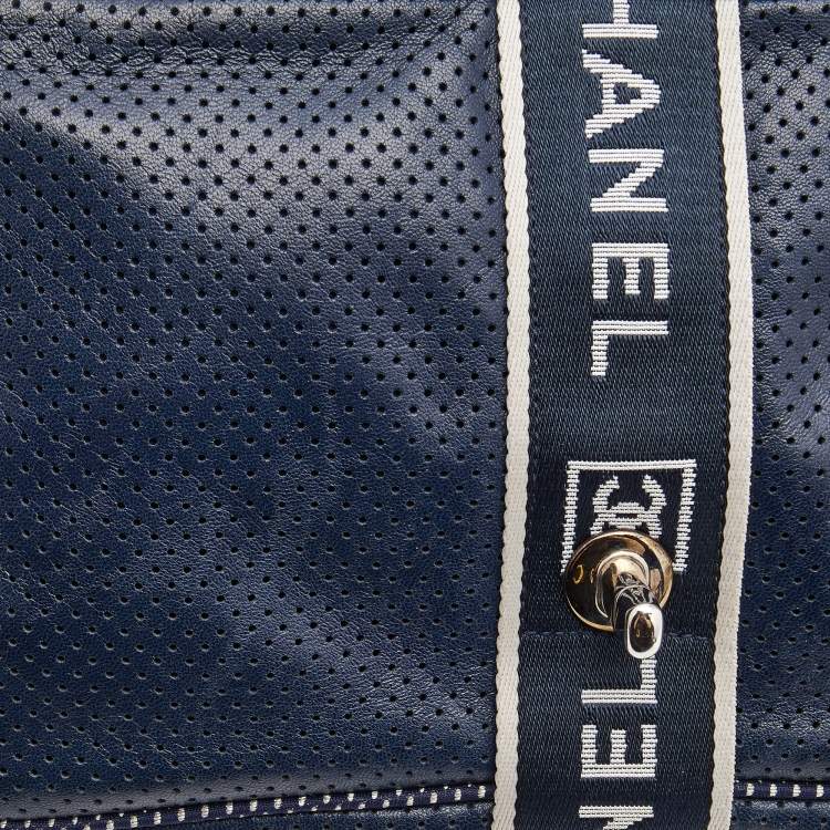 Pre Owned Chanel Navy Blue Perforated Leather Sport Ligne Classic Flap Bag