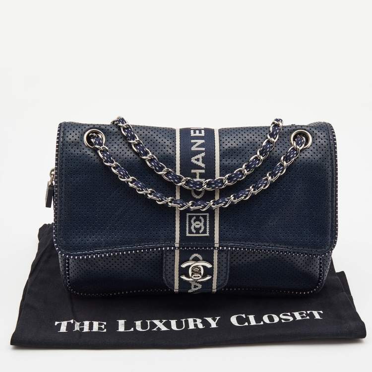 Pre Owned Chanel Navy Blue Perforated Leather Sport Ligne Classic Flap Bag