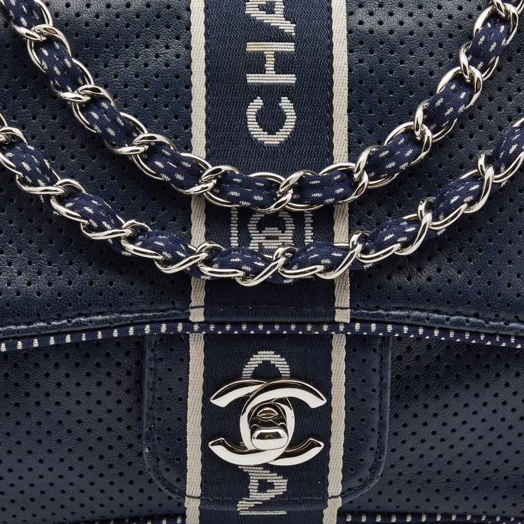 Pre Owned Chanel Navy Blue Perforated Leather Sport Ligne Classic Flap Bag