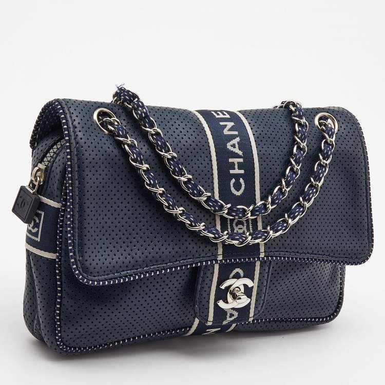 Pre Owned Chanel Navy Blue Perforated Leather Sport Ligne Classic Flap Bag