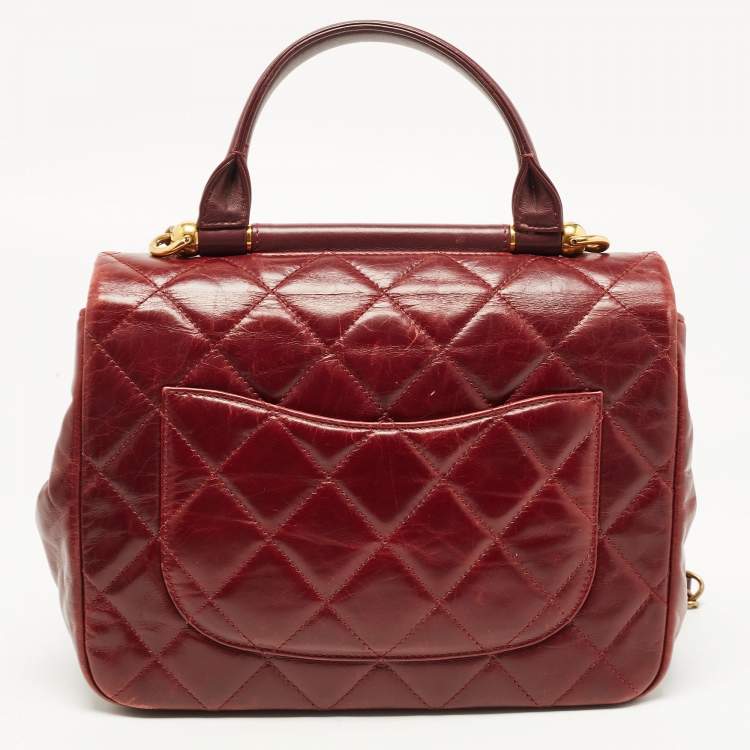 Pre Owned Chanel Burgundy Quilted Leather Gold Bar Top Handle Bag